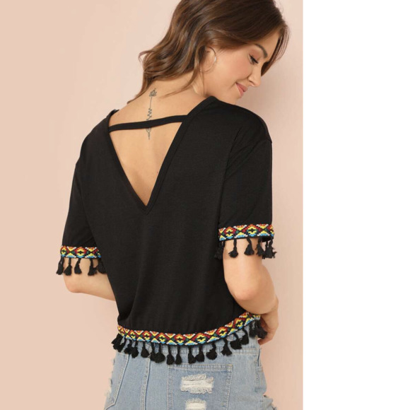 SHEIN Embroidered Tape & Tassel Trim T-shirt - Picture 4 of 7